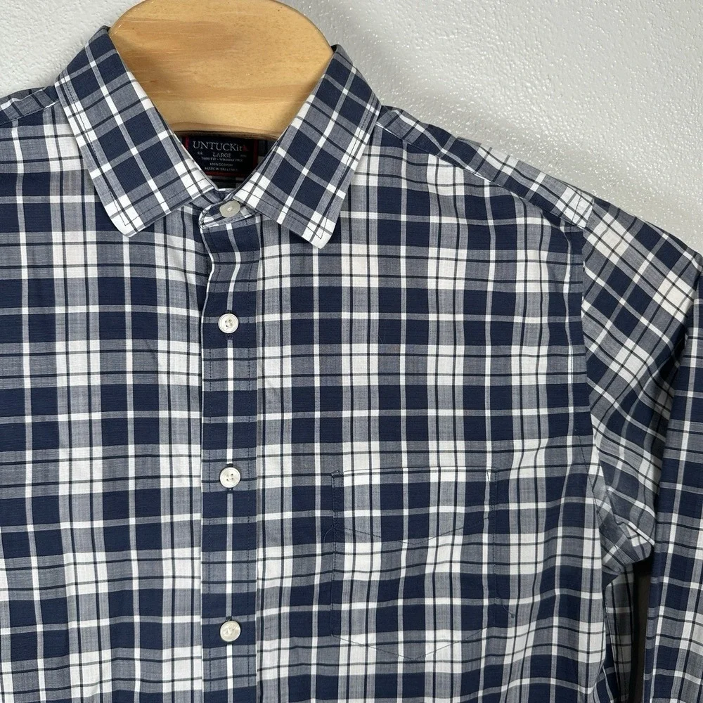 UNTUCKit Shirt Mens Sz Large Blue Plaid Rooney Slim Fit Wrinkle Free Button Down